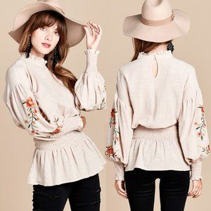 Boho Floral Embroidered Balloon Sleeves Blouse Top